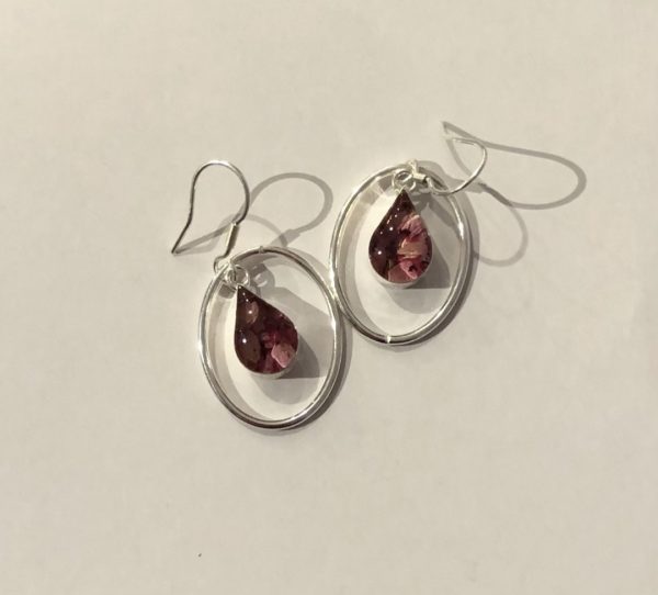 Heather real flower Teardrop Earrings with Silver Surround