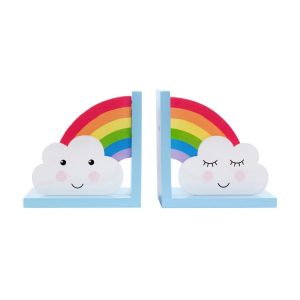 Fluffy cloud and rainbow wooden bookends for a kids bedroom