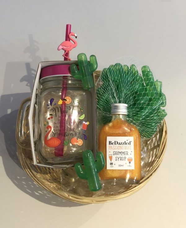 Drink shimmer gift basket a flamingo mason jar with a bottle of flavoured drink shimmer and 20 reusable cactus ice cubes