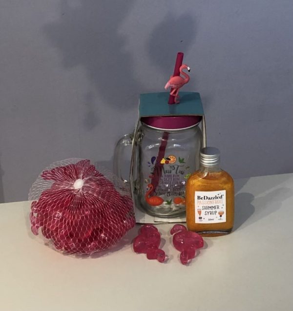 Drink shimmer party gift basket. Flamingo mason jar with 20 reusable flamingo ice cubes and a bottle of flavoured drink shimmer