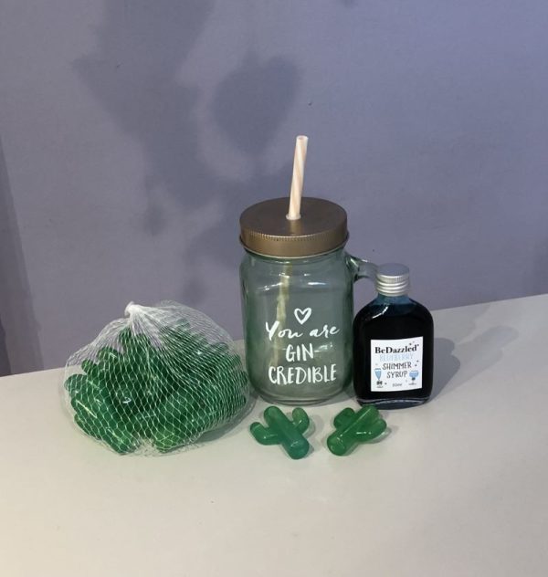 drink shimmer party gift basket Mason jar with You're Gin-credible decorative text, a bottle of flavoured drink shimmer and reusable cactus ice cubes