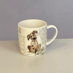 Classic white mug with a cute playful dog with a colourful collage decoration. Quirky Murphy Mutt Bug Art mug