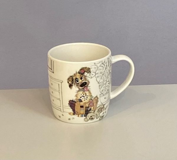 Classic white mug with a cute playful dog with a colourful collage decoration. Quirky Murphy Mutt Bug Art mug